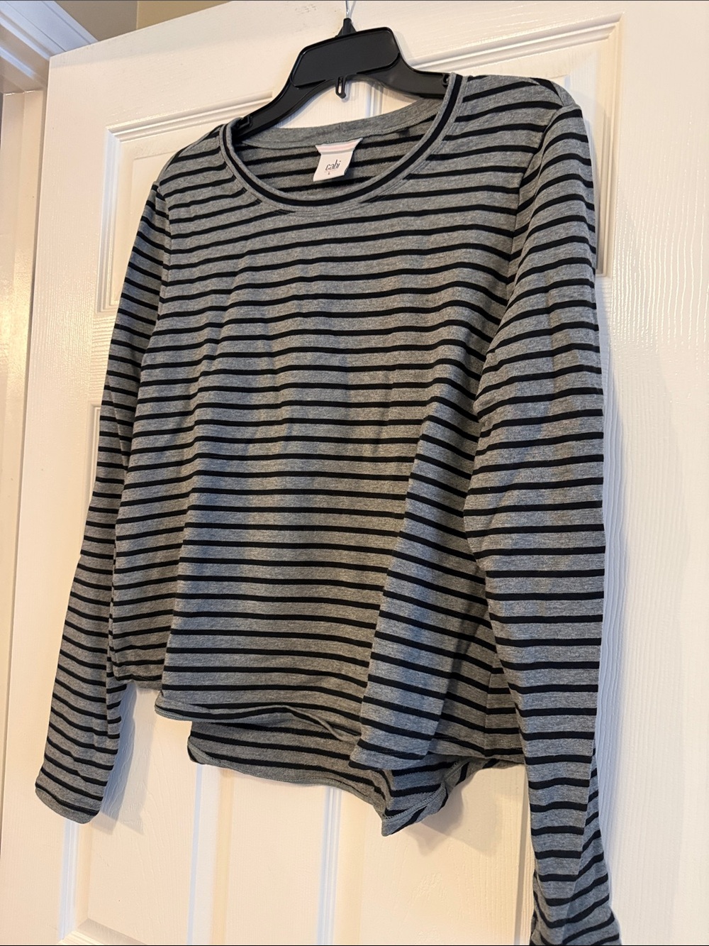 CAbi Gray and Black Striped Crewneck Top